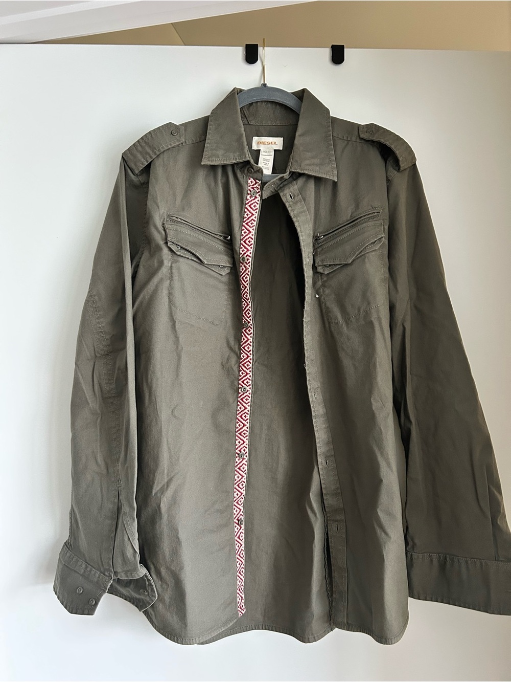 Diesel Vintage Olive Green Military Shirt Jacket with Patterned Trim